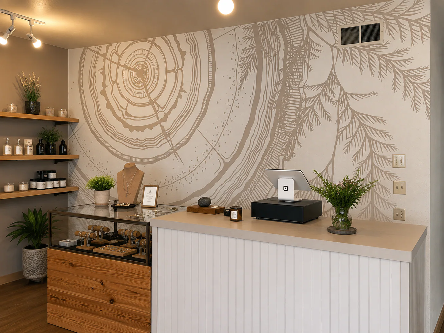Neutral interior mural inspired by cedar tree rings, root systems, and evergreen branches