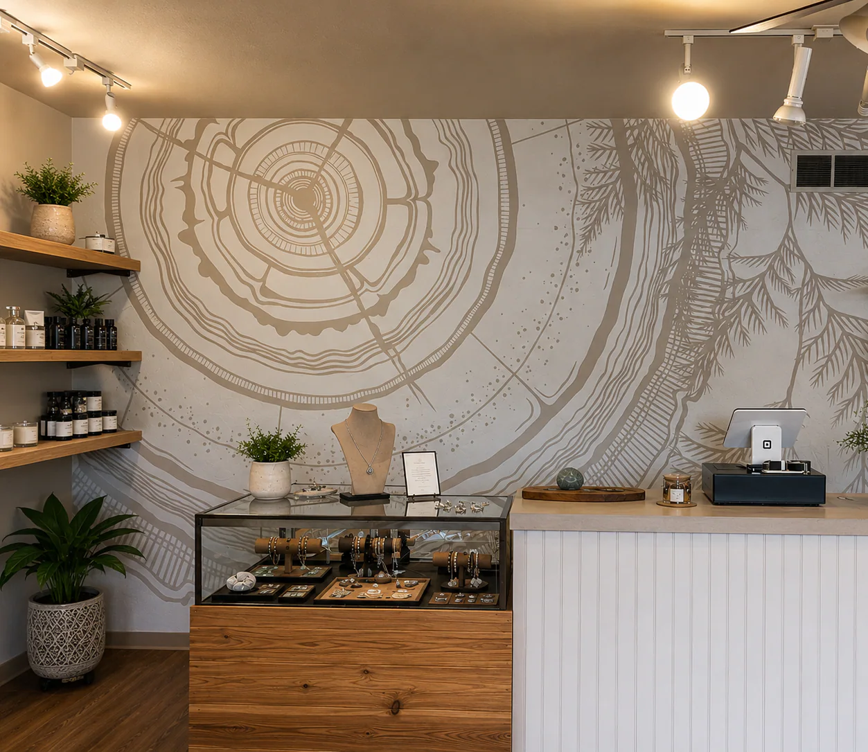 Angled view of the cedar tree-ring mural behind a retail counter