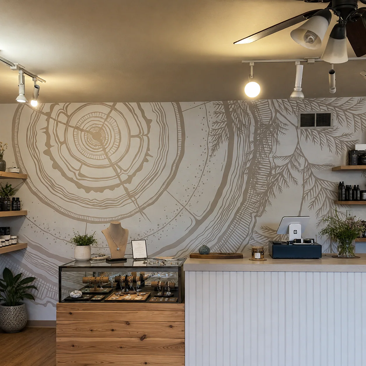 Square detail view of the cedar tree-ring mural and retail counter