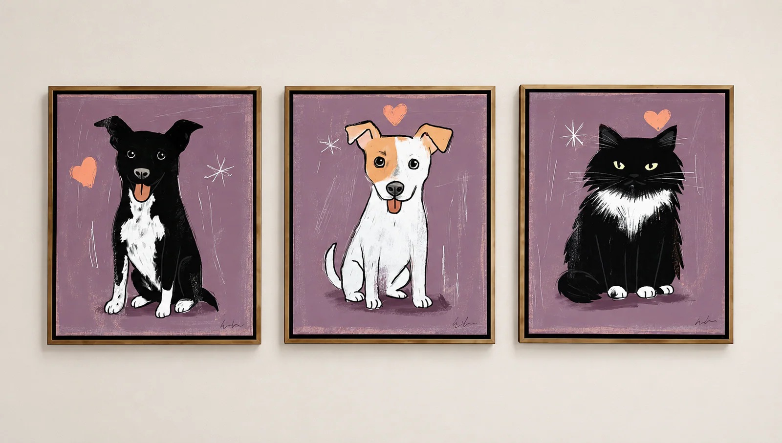 Three custom framed pet portraits painted for the nursery