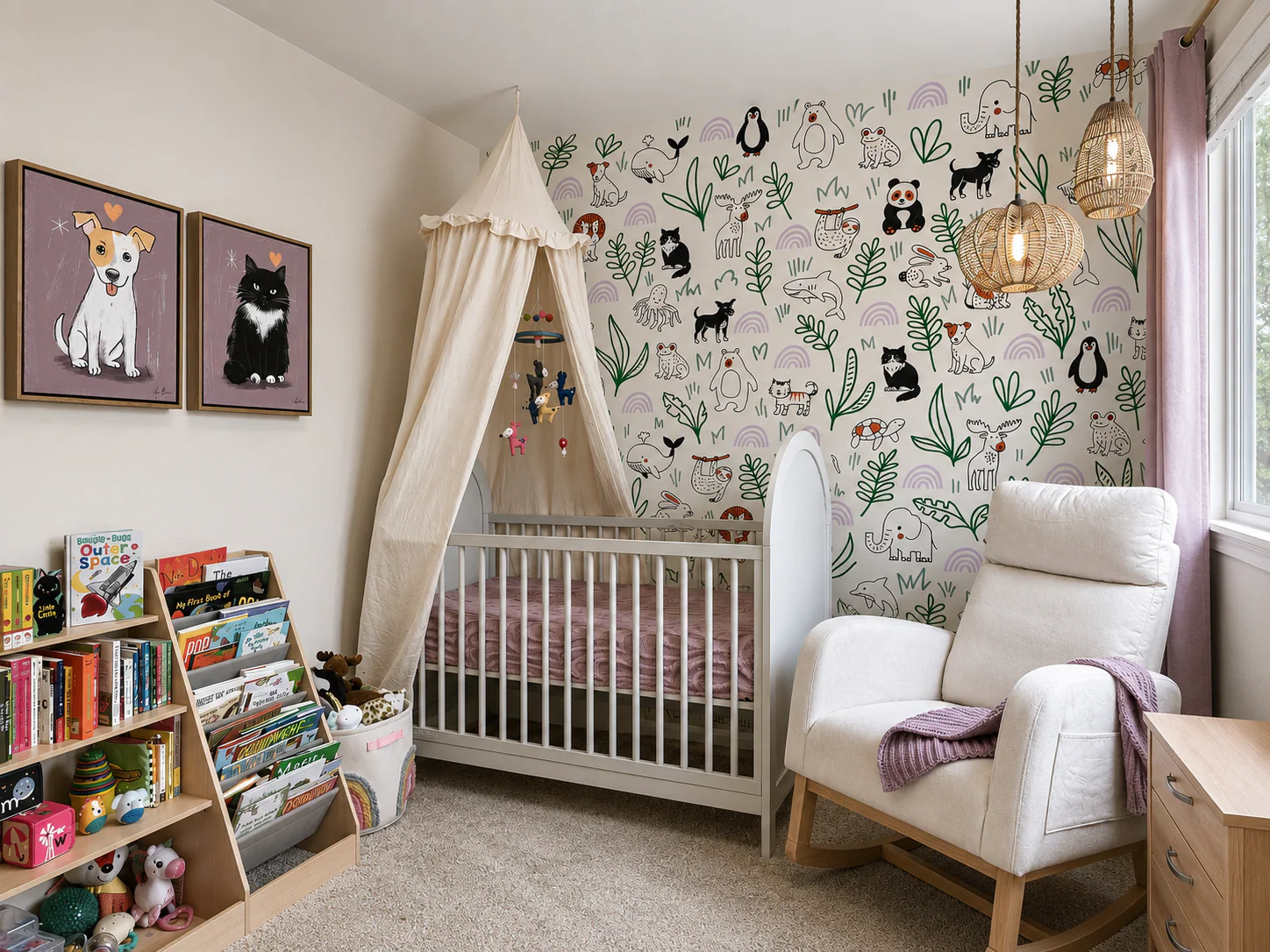 Wide view of the finished nursery with the mural, crib, reading chair, and framed pet portraits