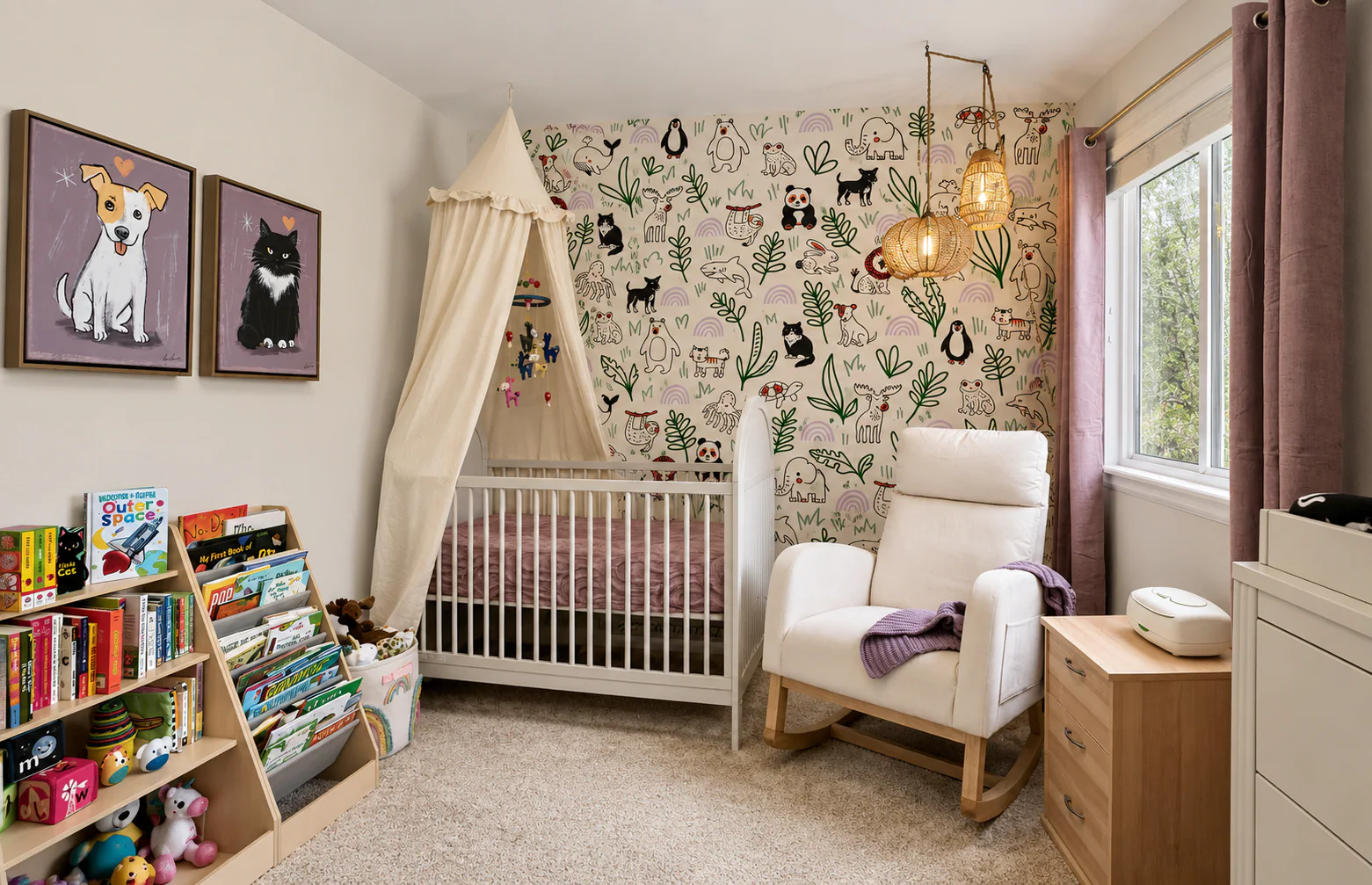 Full-room view of the nursery showing the mural, crib, books, pet portraits, and natural wood furniture