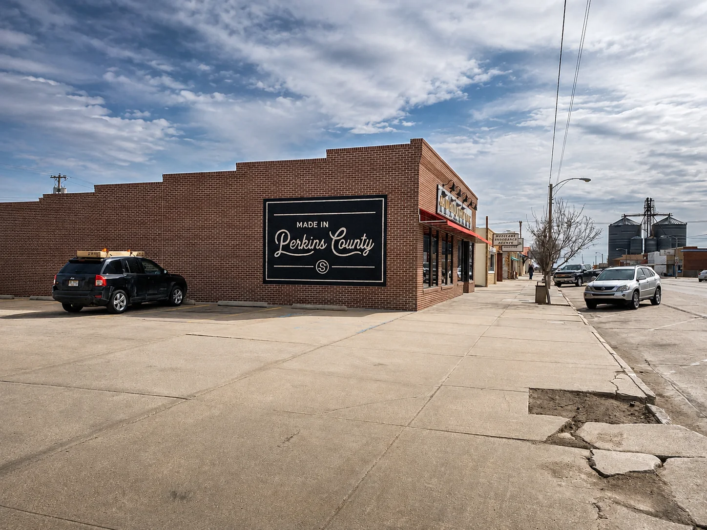 Street view of the Grant branch with a large Made in Perkins County mural on its brick side wall
